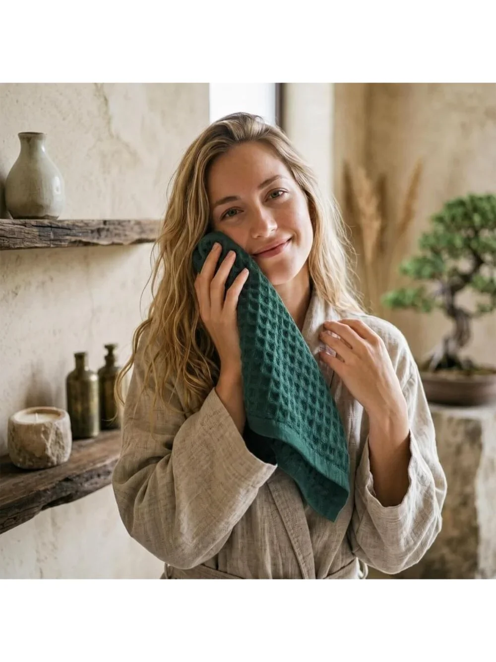 6 Pcs Dark Green Waffle Weave Hand Towels - Soft, Absorbent, Quick Dry, Boho